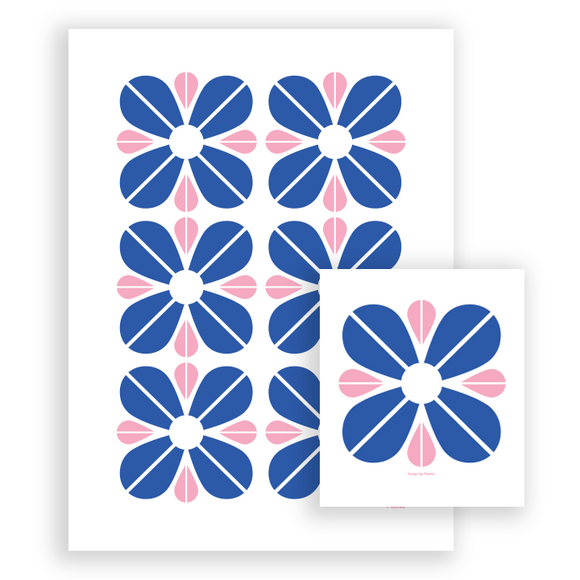 Gavesett kjøkkenhåndkle og 2 kluter Stor Blomst, retro klarblå og rosa